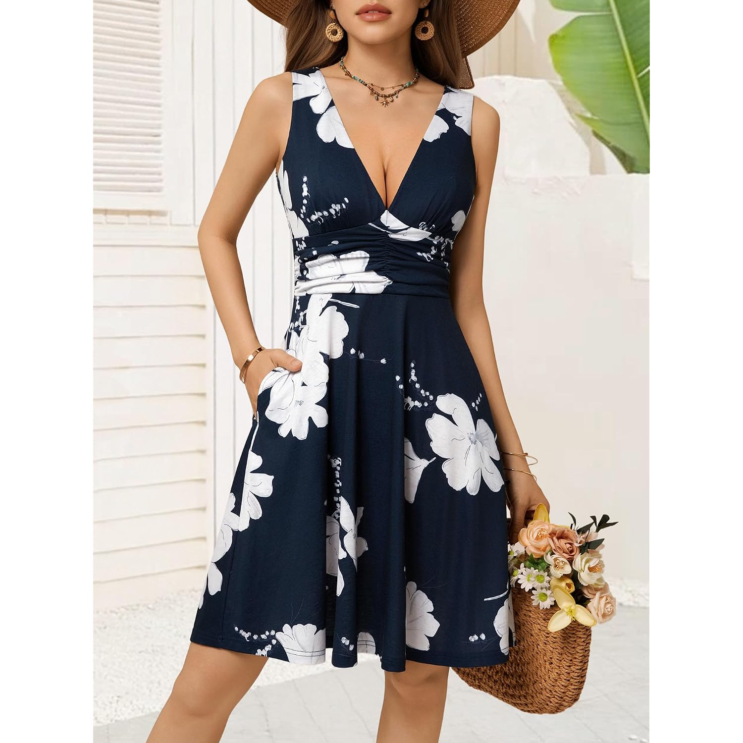 Ourin Women'S Spring Deep V Neck Sleeveless Floral Sundresses With Pockets Flowy Summer Dresses For Women