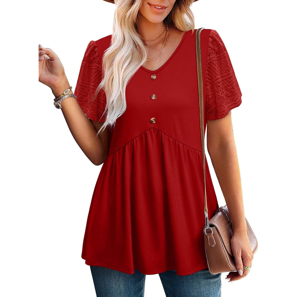 Ofeefan Womens Summer Tops Babydoll Short Sleeve Shirts Button Down Lace Sleeve Peplum Tunic Tops V Neck T Shirts