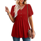 Ofeefan Womens Summer Tops Babydoll Short Sleeve Shirts Button Down Lace Sleeve Peplum Tunic Tops V Neck T Shirts