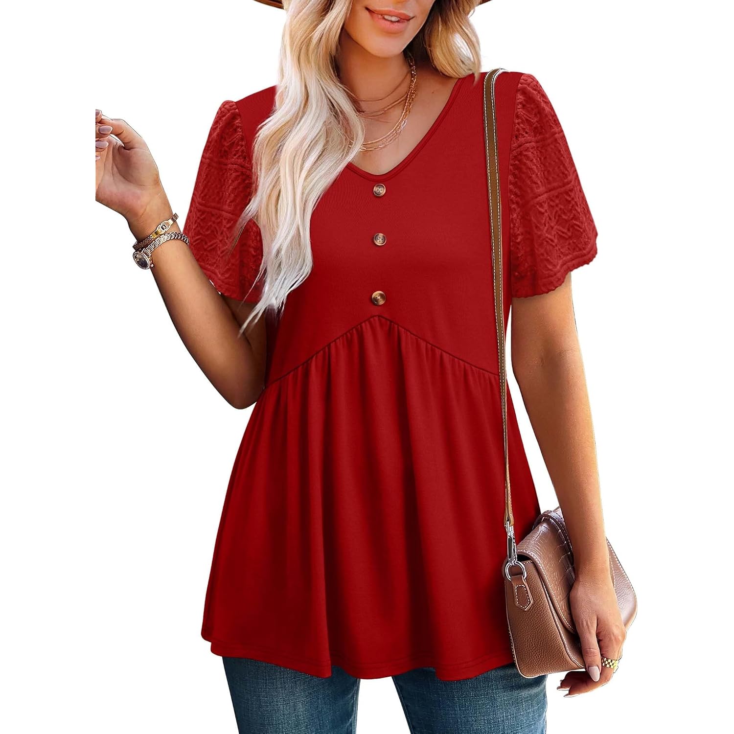 Ofeefan Womens Summer Tops Babydoll Short Sleeve Shirts Button Down Lace Sleeve Peplum Tunic Tops V Neck T Shirts