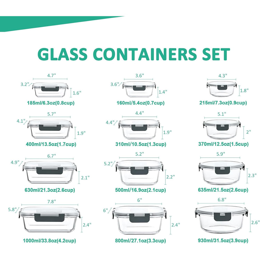 24 Pieces Glass Food Storage Containers Set, Meal Prep Containers, Bpa-Free Airtight Glass Storage Containers With Lids,Freezer, Microwave And Oven Safe,Gray