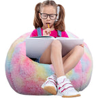 Fluffy Bean Bag Chair For Kids, 2.5Ft Round Memory Foam Filled Bean Bag For Teens & Kids, Ultra Soft Faux Fur Fabric Bean Bag Chairs For Playroom, Living Room, Bedroom, Rainbow