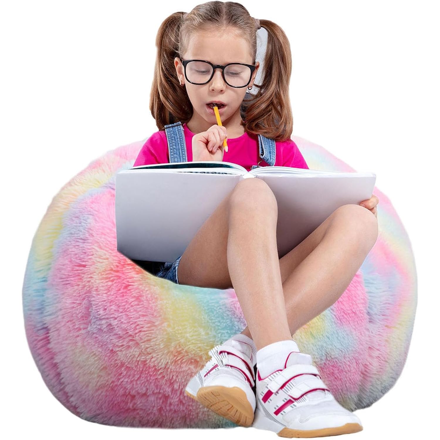 Fluffy Bean Bag Chair For Kids, 2.5Ft Round Memory Foam Filled Bean Bag For Teens & Kids, Ultra Soft Faux Fur Fabric Bean Bag Chairs For Playroom, Living Room, Bedroom, Rainbow