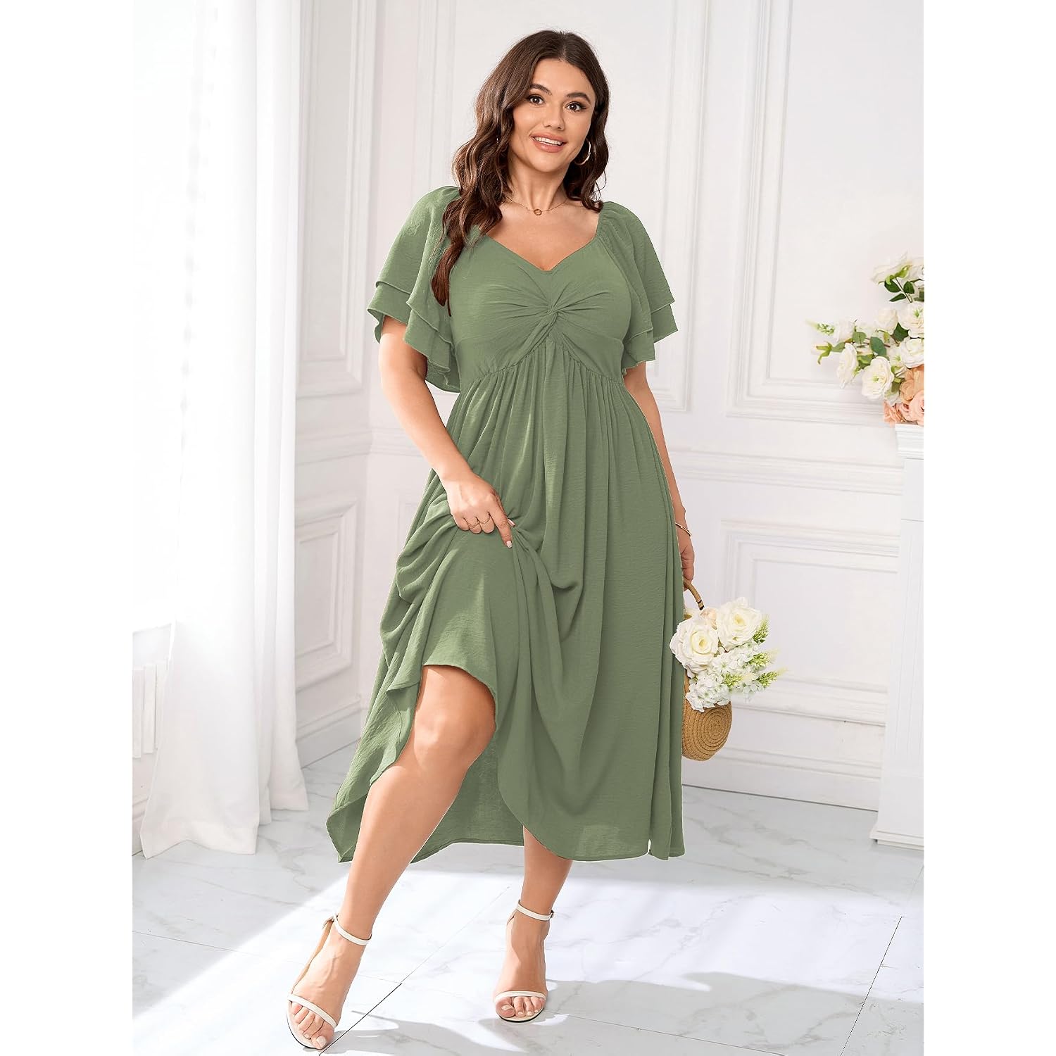 Scomchic Women'S Plus Size Wedding Guest Cocktail Dresses Sweetheart Neckline Ruffle Sleeve A Line Maxi Dress