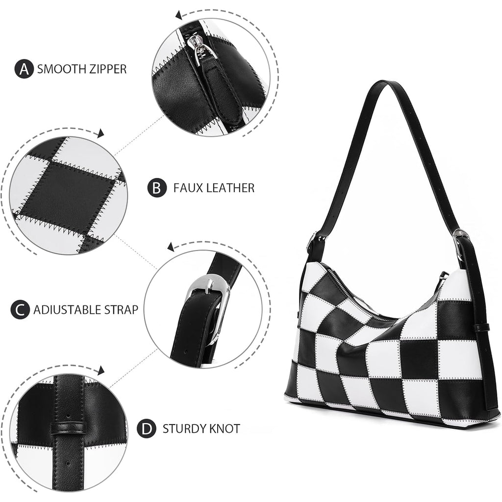 hibear Checkered Shoulder Bag for Women Classic Black and White Purse Trendy Crossbody Purse Leather Totes Hobo Handbag