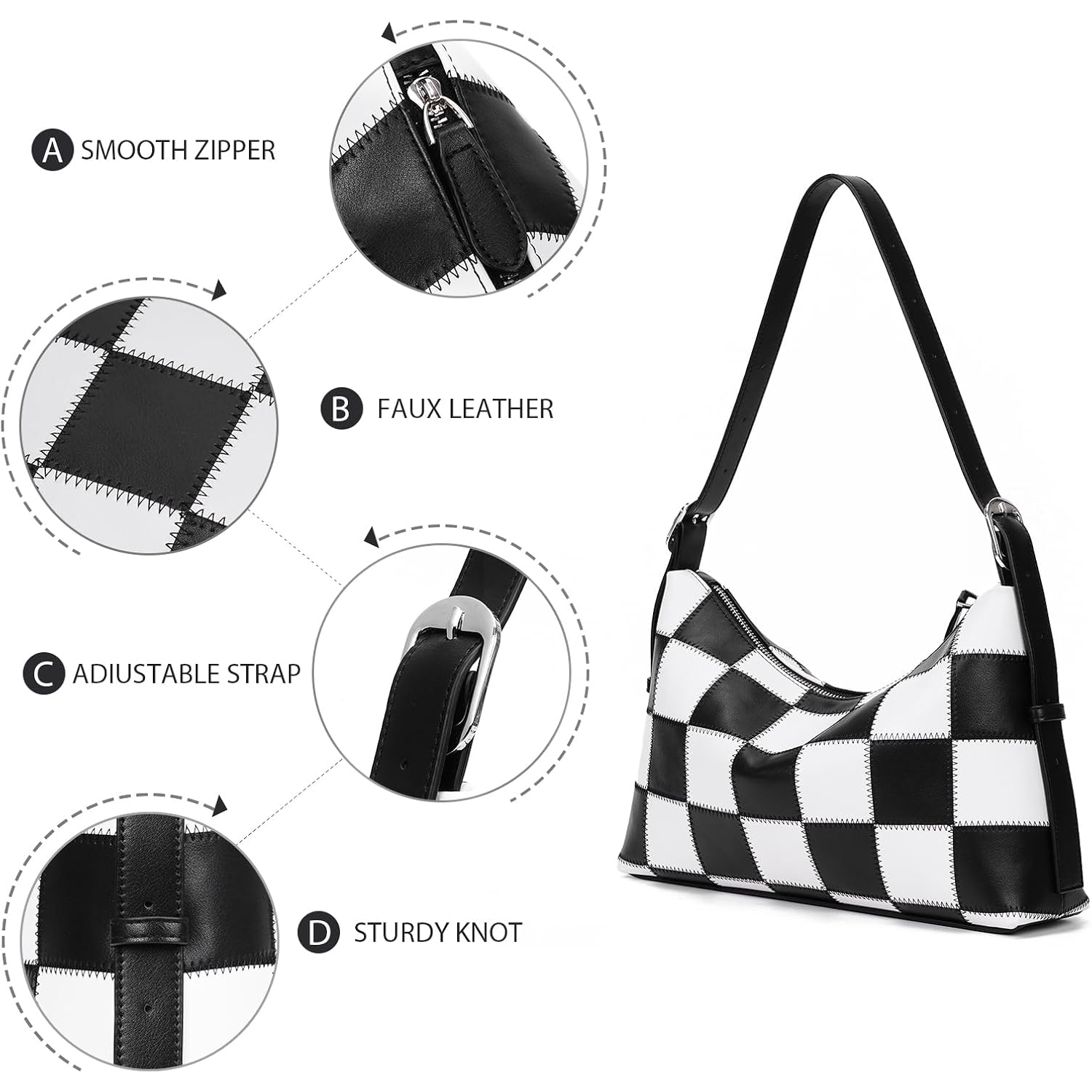 hibear Checkered Shoulder Bag for Women Classic Black and White Purse Trendy Crossbody Purse Leather Totes Hobo Handbag