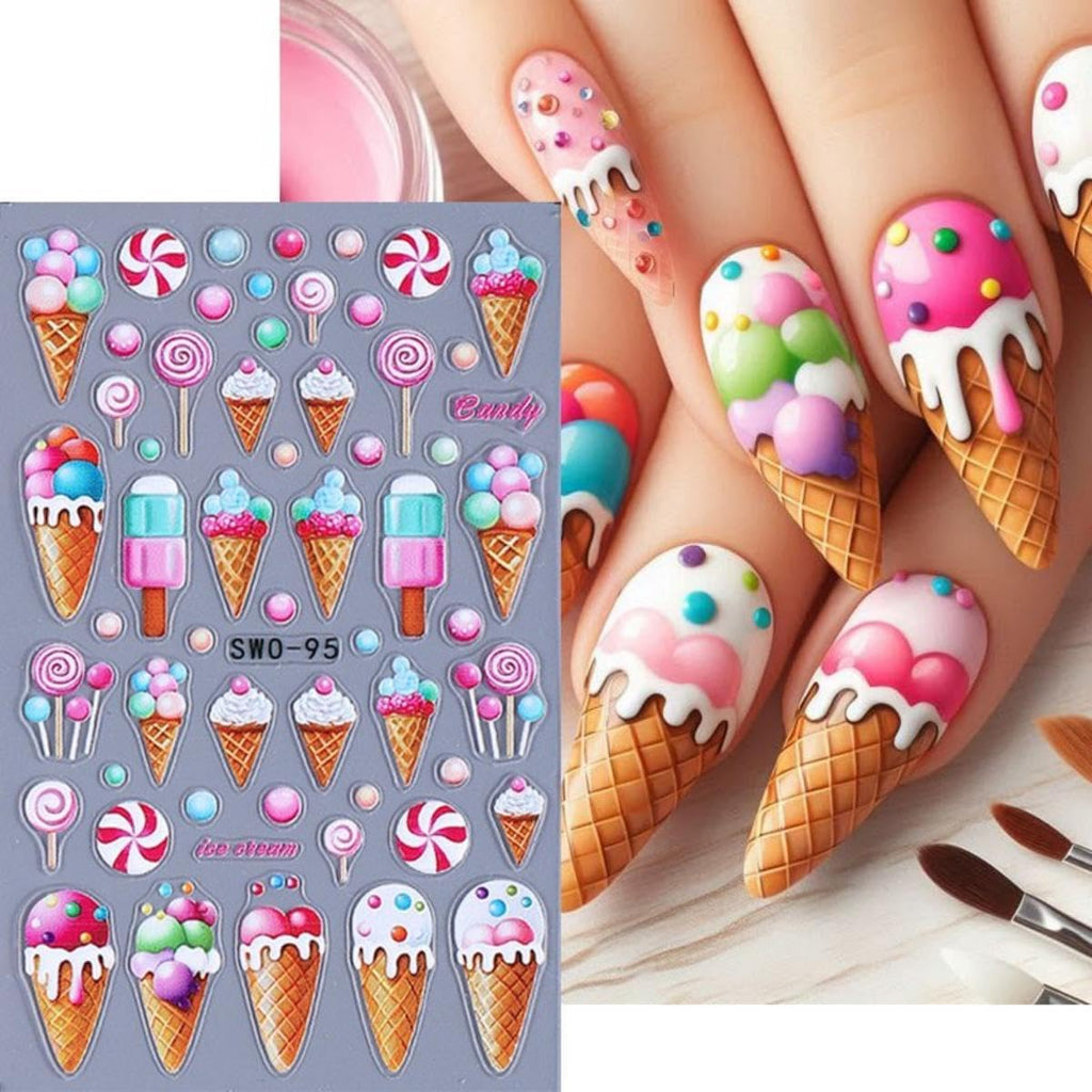 Summer Nail Art Stickers 5D Embossed Ice Cream Cone Nail Stickers 3D Self-Adhesive Lollipop Nail Decals Gold Butterfly Nail Designs Fruit Flower Nail Art Decoration for Women Girls Manicure 3 Sheets