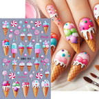 Summer Nail Art Stickers 5D Embossed Ice Cream Cone Nail Stickers 3D Self-Adhesive Lollipop Nail Decals Gold Butterfly Nail Designs Fruit Flower Nail Art Decoration for Women Girls Manicure 3 Sheets