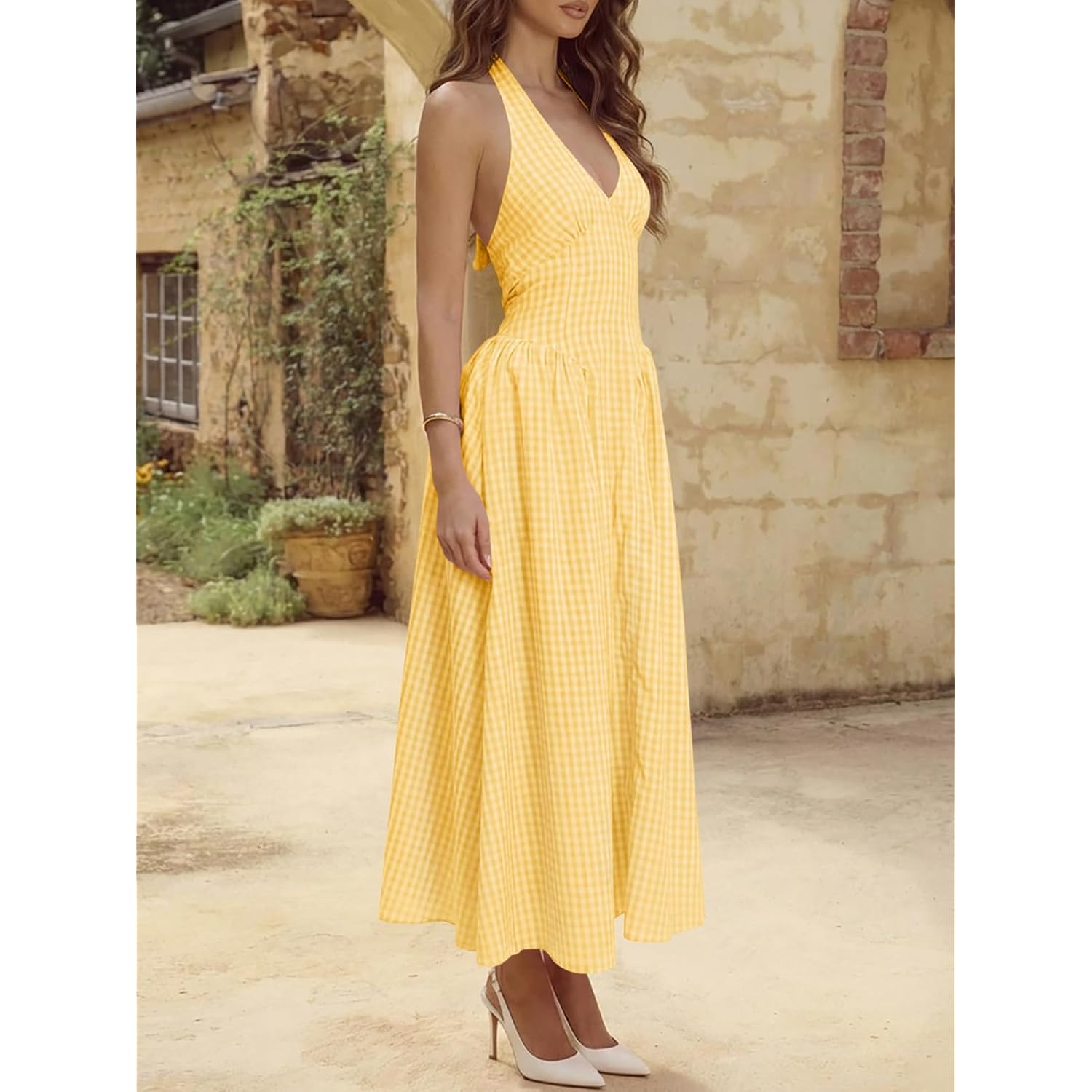 Wenrine Womens Halter V Neck Corset Maxi Dresses Summer Plaid Smocked Tie Back Backless Wedding Guest Drop Waist Dress