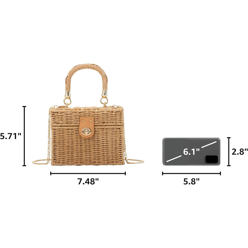 Kuang! Handwoven Rattan Bag For Women Woven Straw Square Crossbody Bag Vintage Basket Purse Beach Tote Bag