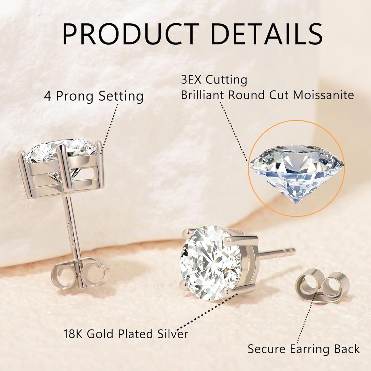 Impalsory Moissanite Stud Earrings for Women Men, 925 Sterling Silver Hypoallergenic Earrings, 18K White Gold Plated, Secure Friction Back, Brilliant Round Cut D Color VVS1