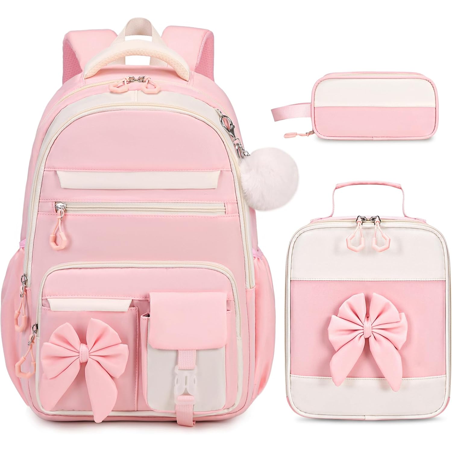 Backpack For Girls, 3Pcs Girls Backpack For School With Lunch Bag Pencil Case, Cute Kids Teens Bookbag For Kindergarten Elementary Preschool Middle School (Pink)