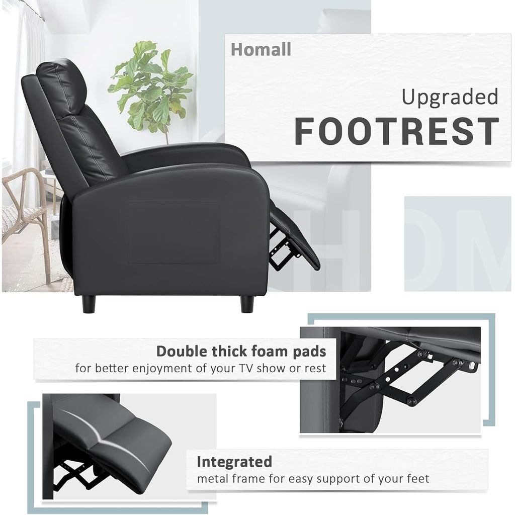 Homall Recliner Chair, Recliner Sofa Pu Leather For Adults, Recliners Home Theater Seating With Lumbar Support, Reclining Sofa Chair For Living Room (Black, Leather)