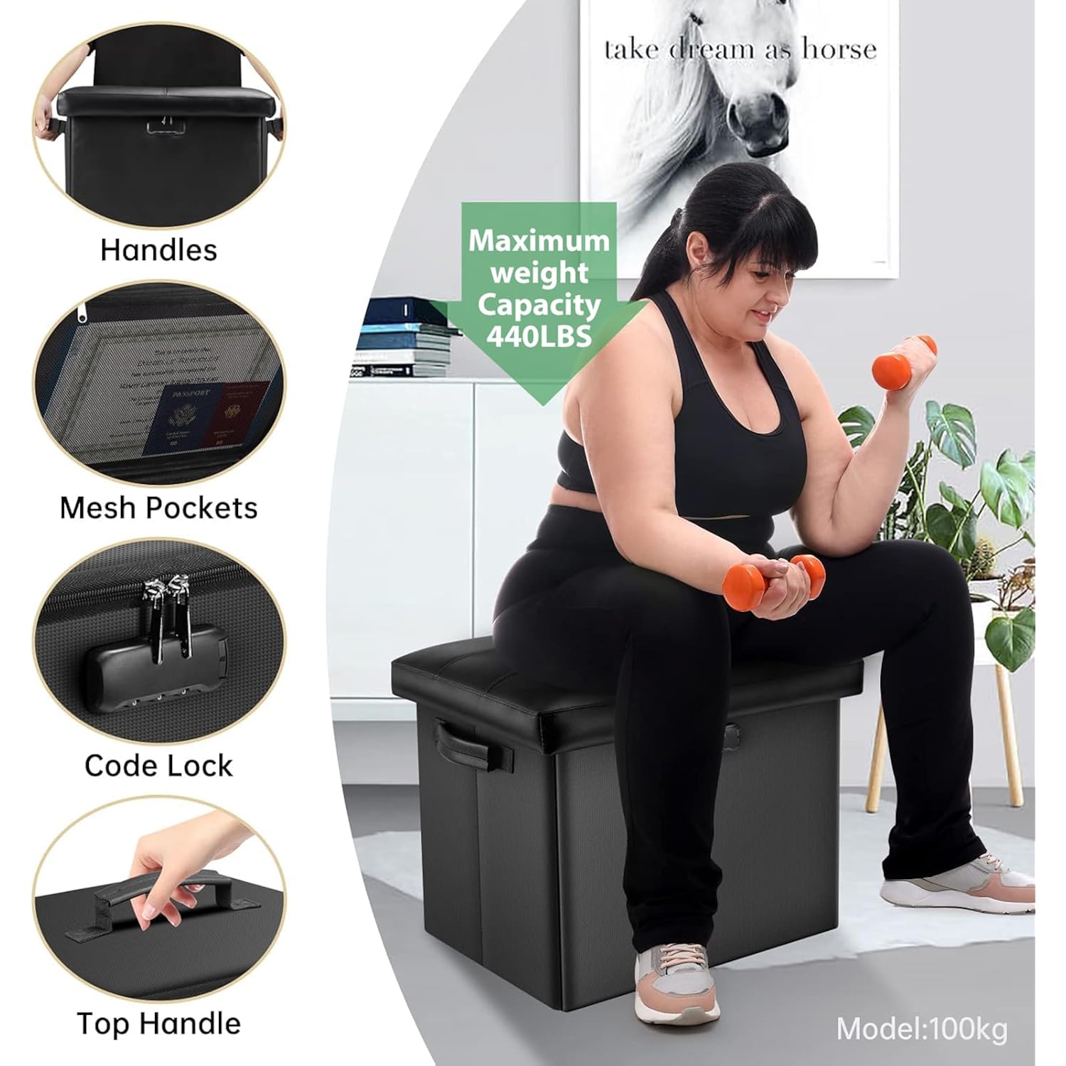 Docsafe Storage Ottoman With Lock,Fireproof Folding Ottoman Foot Rest Stool Storage Chest With Storage Safe For Important Documents,Waterproof 17 Inches Short Ottoman Foot Stool With Handles,Black