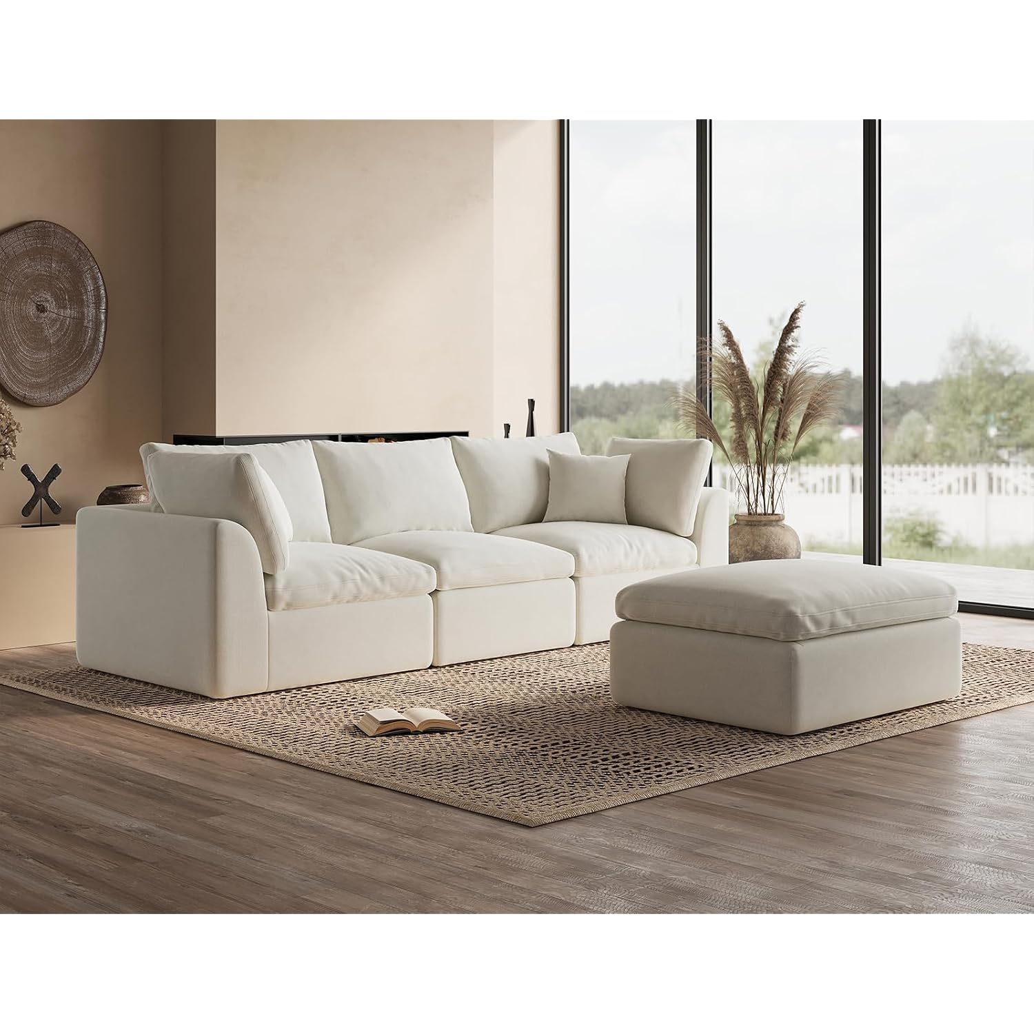 110" Cloud Sectional Couches For Living Room, Convertible L-Shape Couch With Ottoman, 3 Seater Modular Sectional Sofa, Warm White