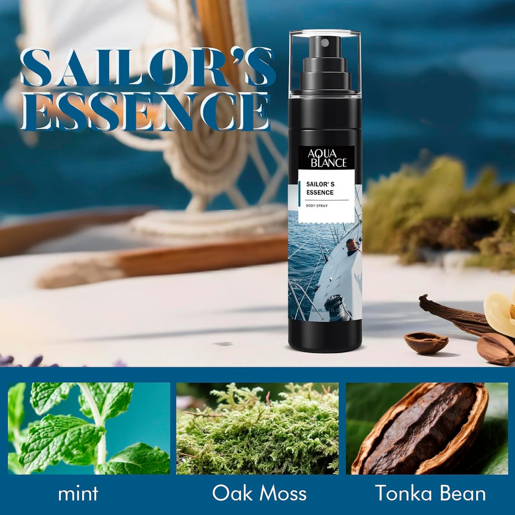 AQUA BLANCE Body Spray for Men, Mens Body Refreshing Spray, Long Lasting, Pack of 3, Each 3.4 Fl Oz, Total 10.2 Fl Oz, Ironwood Spice, Sailor' s Essence, Leather Citrus