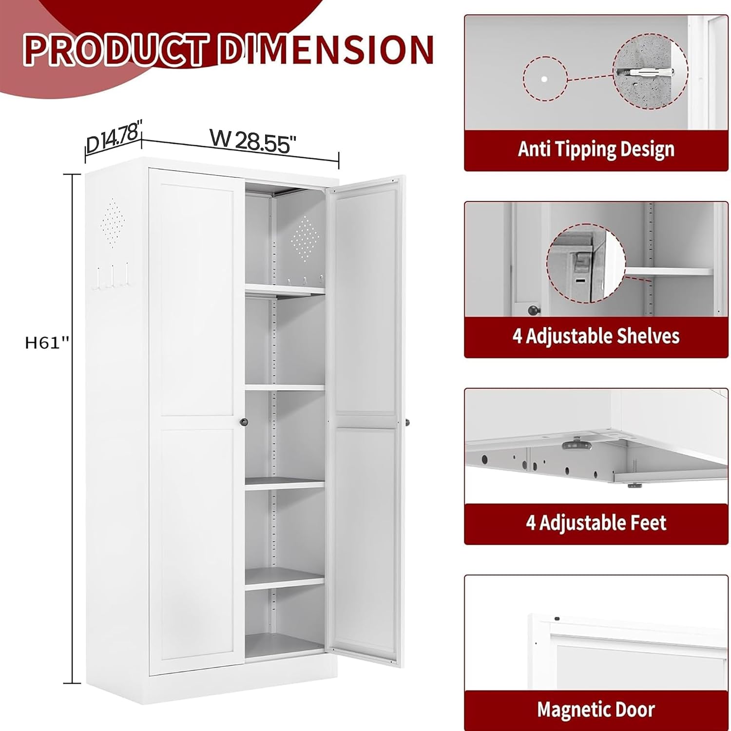 Aqy Kitchen Pantry Cabinet,61" White Pantry Storage Cabinet With 4 Tier Adjustable Shelves And 2 Doors,Freestanding Cupboard,Metal Pantry Cabinets With Handle For Living Room Kitchen Assembly Required