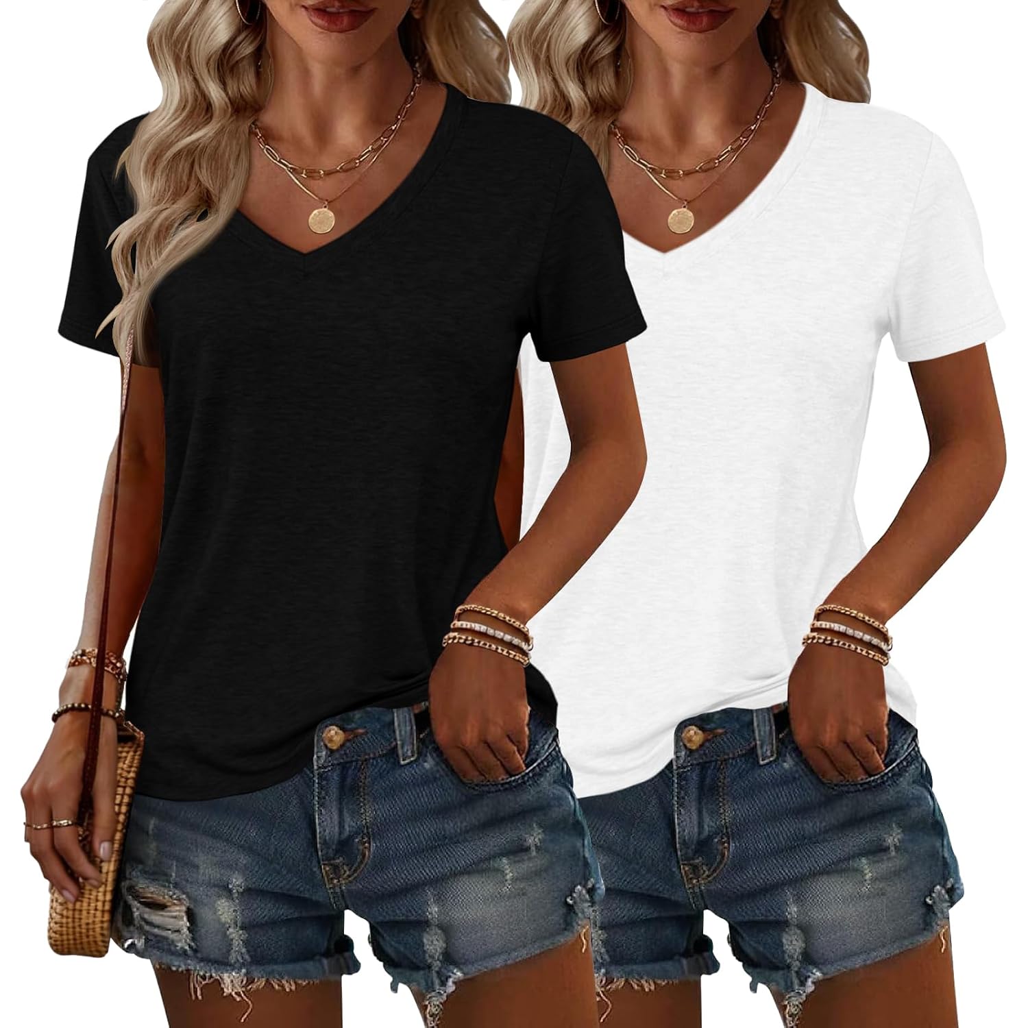2 Pack Womens Summer Tops V Neck Short Sleeve T Shirts 2026 Basic Casual Tees Trending Clothes