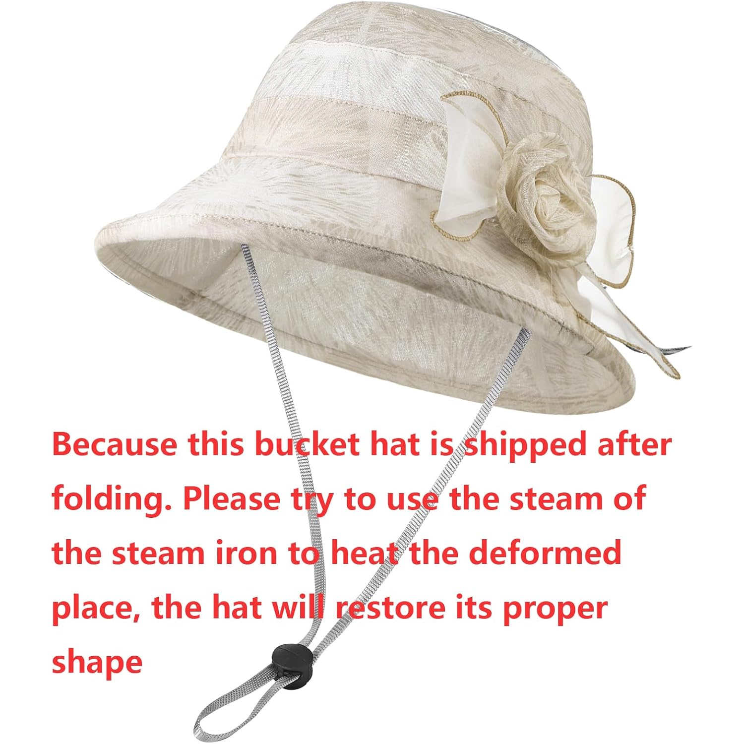 Women Flower Bowler Sun Hat Wide Brim Cloche Bucket Hat Foldable Breathable Wedding Church Tea Party Fascinator Beige