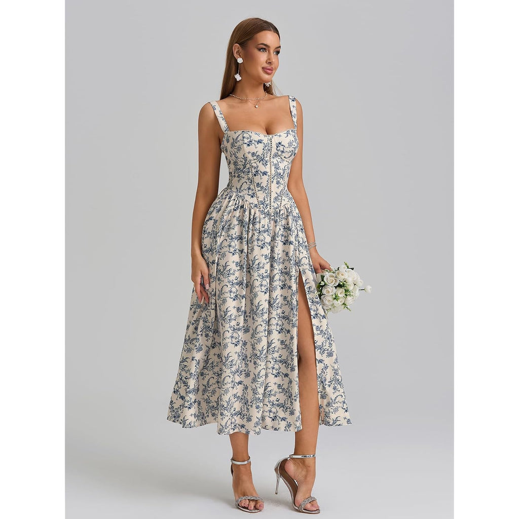 Kutumai Floral Corset Midi Dress Flowy Slit Summer Spring Wedding Guest Dresses For Women Sundress With Pockets