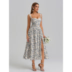 Kutumai Floral Corset Midi Dress Flowy Slit Summer Spring Wedding Guest Dresses For Women Sundress With Pockets