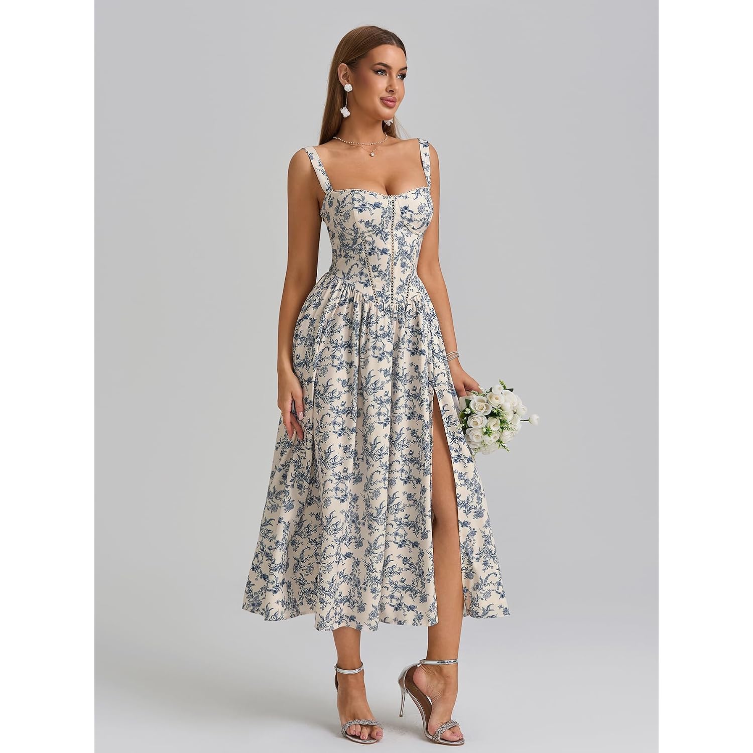 Kutumai Floral Corset Midi Dress Flowy Slit Summer Spring Wedding Guest Dresses For Women Sundress With Pockets