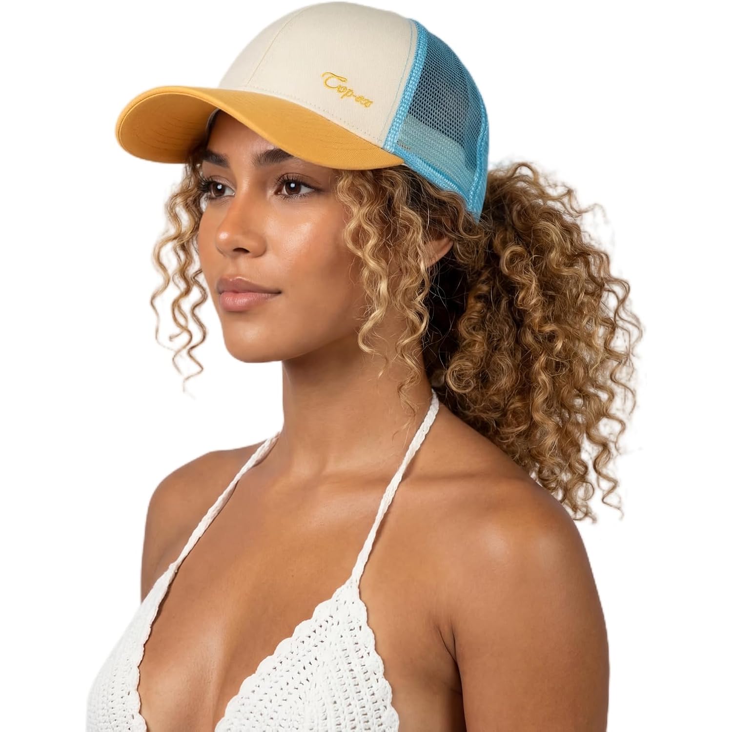 TOP-EX ChicPony™ S/M M/L High & Low Ponytail Beach Golf Snapback Trucker Hats for Women Girls Summer Cute Sunset Glow