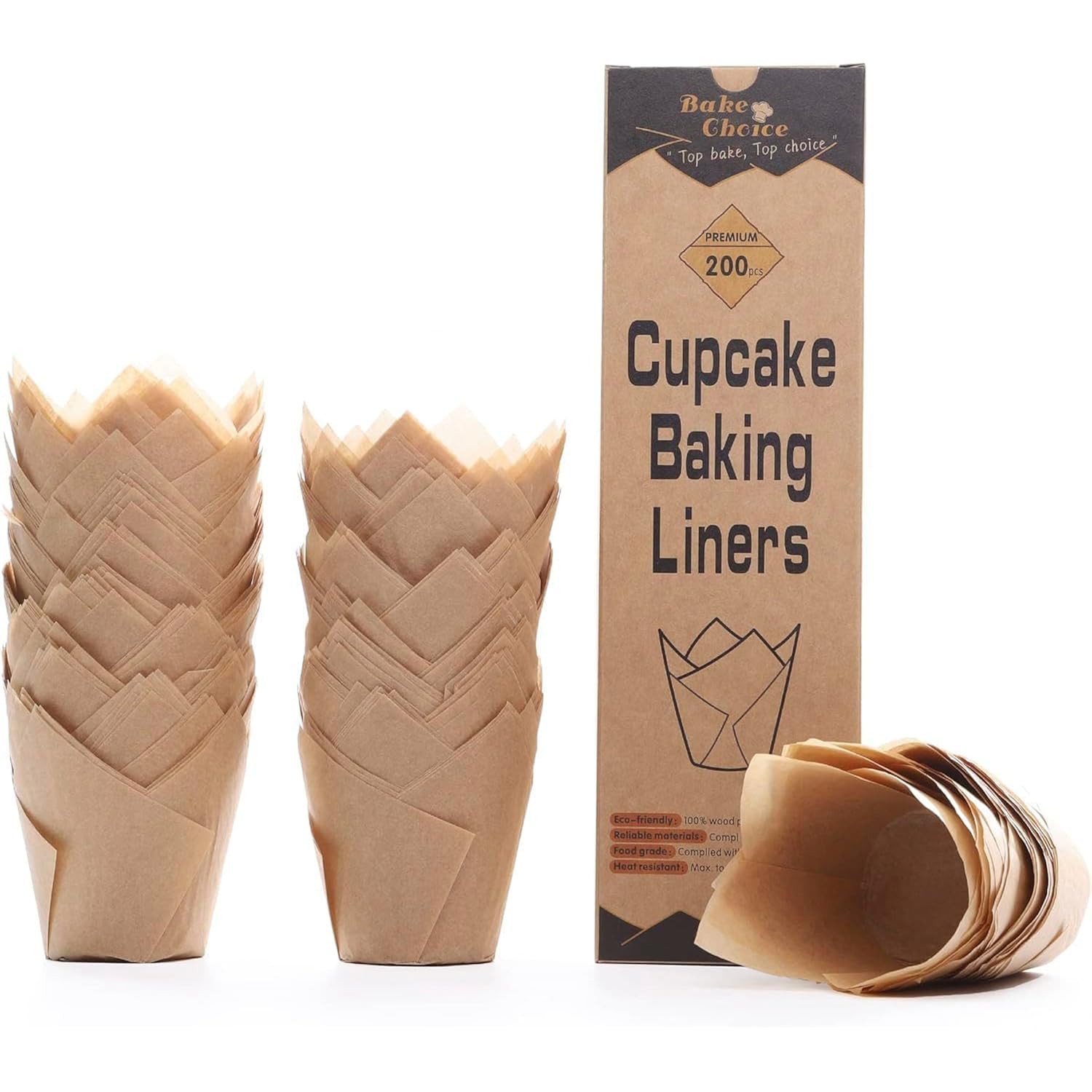Bake Choice 200Pcs Natural Tulip Cupcake Liners For Baking Cups Unbleached European Parchment Paper Tulip Muffin Liners, Cupcake Wrapper For Party, Christmas