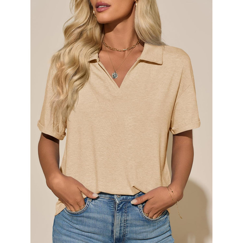 Womens Short Sleeve Polo T Shirts Summer Business Dressy Casual Tops Work Collared V Neck Basic Tees