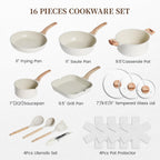 Kikcoin 16Pcs Ceramic Pots and Pans Set Non Stick, Includes a 9.5" Grill Pan, Induction Kitchen Cookware Sets, White Nonstick RV Kitchen Camping Cooking Sets Stackable (PTFE, PFOS, PFOA Free)