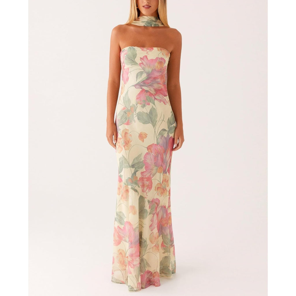Women Strapless Floral Dress With Sarf Mesh Tube Maxi Dress Summer Cocktail Wedding Guest