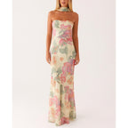 Women Strapless Floral Dress With Sarf Mesh Tube Maxi Dress Summer Cocktail Wedding Guest