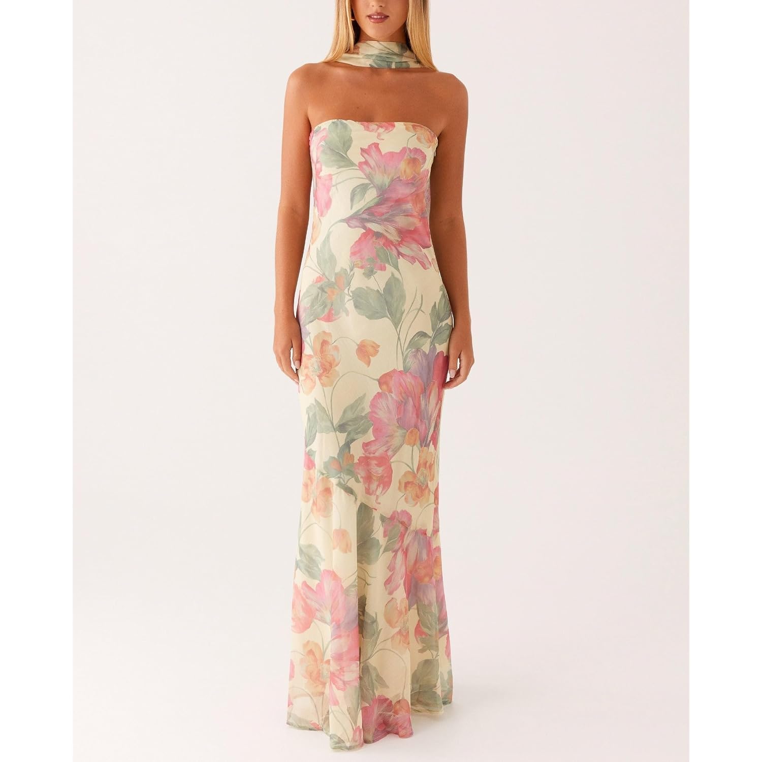 Women Strapless Floral Dress With Sarf Mesh Tube Maxi Dress Summer Cocktail Wedding Guest