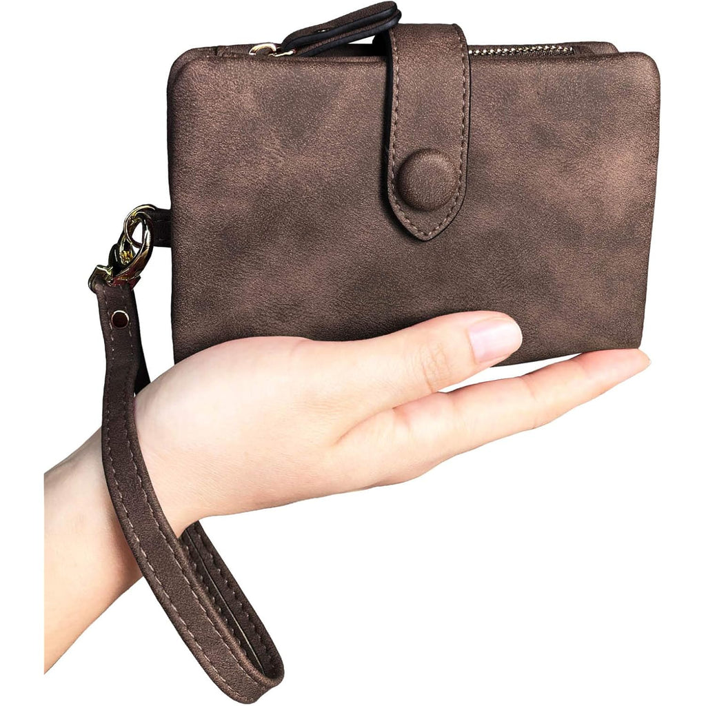 PofeeXIO Womens Small Bifold Leather Wallets RFID Ladies Wristlet with Card Slots id Window Zipper Coin Purse | Small, Bifold, RFID, Wristlet, with Card Slots, id Window