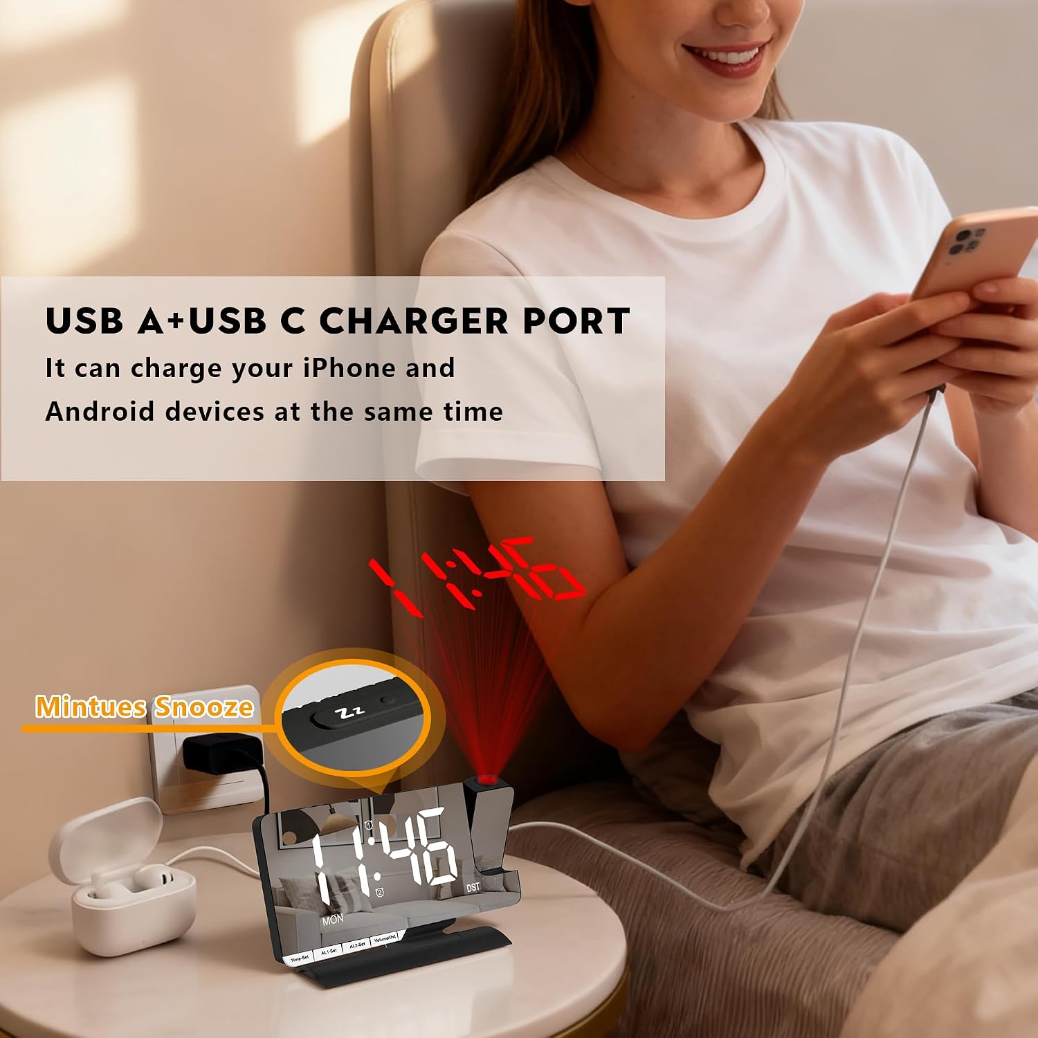 Digital Clock,Alarm Clock Bedside With Projection,7.3" Mirror Clock With 180°Rotating Projector,Dual Alarm With 3 Mode,Brightnee Adjust,Dst,Snooze,Charging Port,5 Levels Volume For Desk Teens