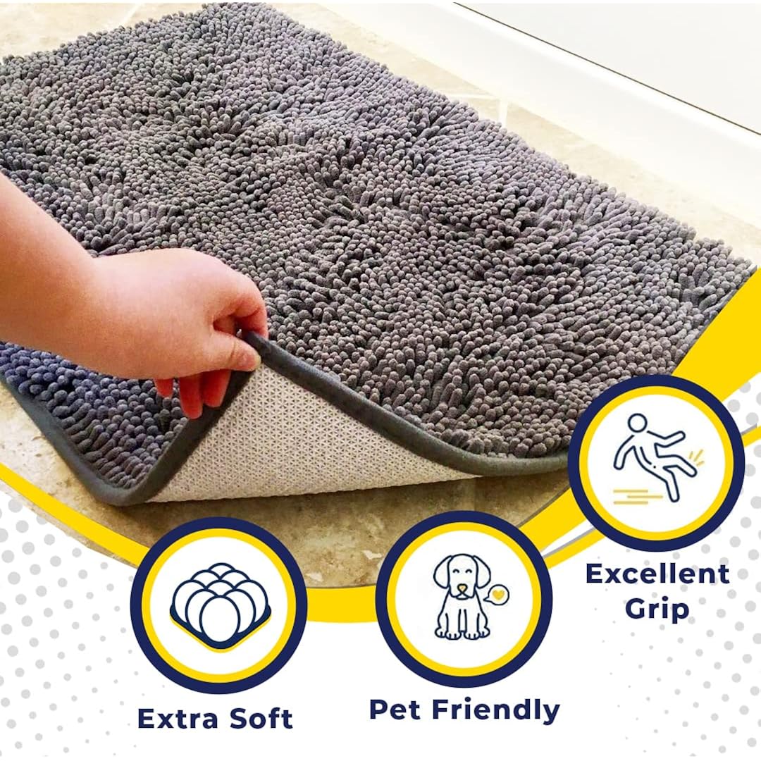 Muddy Mat® | Super Water Absorbent Door Mat Indoor, Microfiber Quick Dry Chenille Entryway Rug, Slip Resistant Front Door Mat, Indoor Mats For Entryway, Machine Washable Pet Rug, Grey 30"X19"