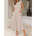 Zesica Women'S 2026 Summer Casual Flutter Short Sleeve Crew Neck Smocked Elastic Waist Tiered Midi Dress