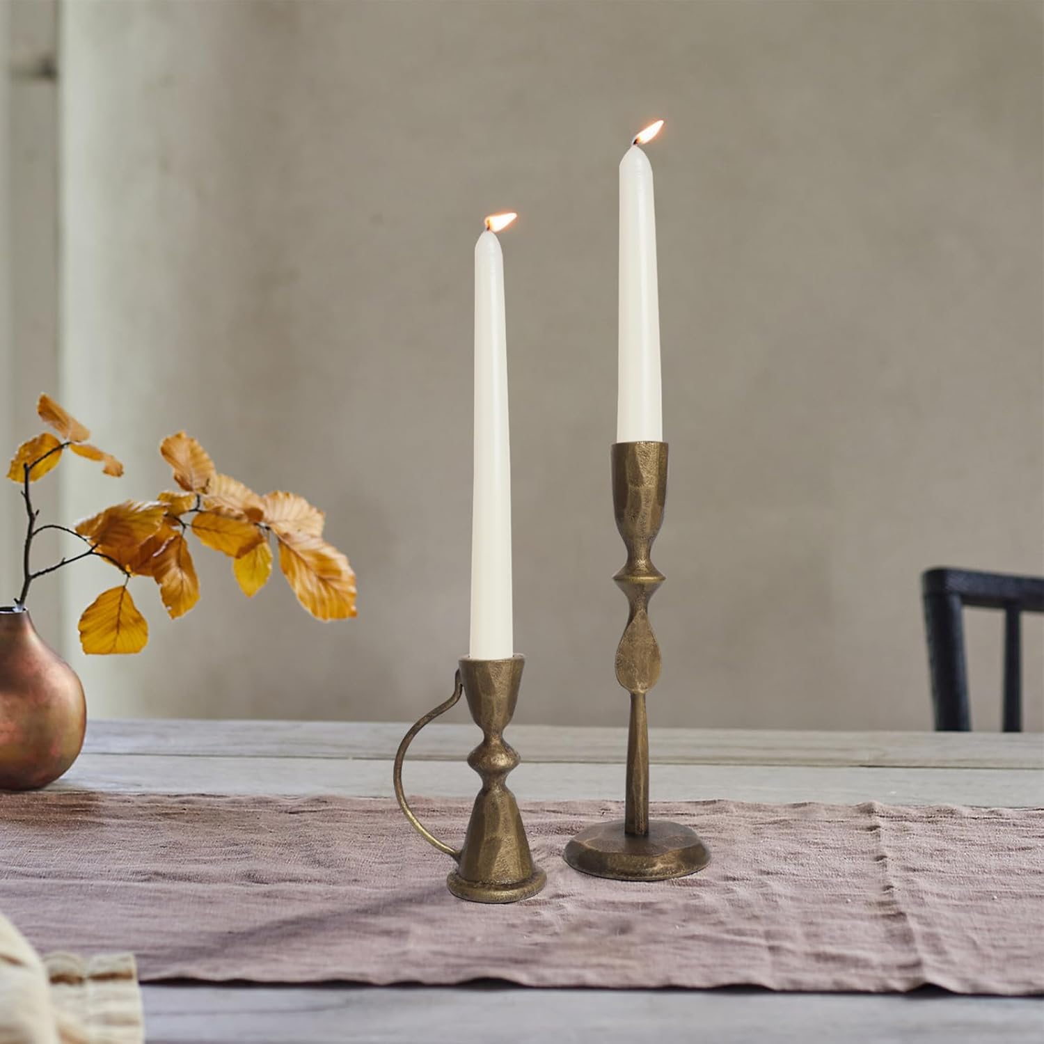 Antique Brass Cast Iron Candle Holders Set of 2 – Vintage Decorative Taper Candlesticks for Table Centerpieces and Home Decor