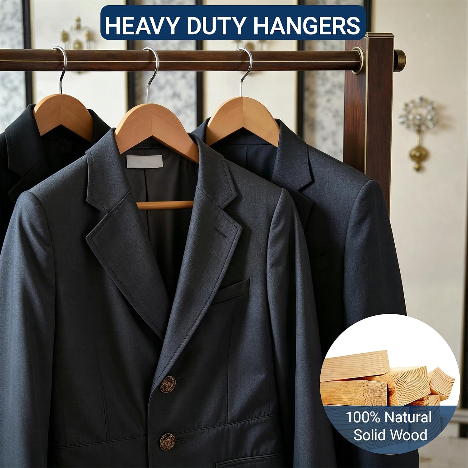Amber Home 30 Pack Wooden Coat Hangers, Natural Wood Suit Hangers With Non-Slip Pant Bar, Clothes Hangers For Closet Organization, Shirts, Jackets, Dresses, And Pants (Natural, 30)