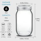 YEBODA 6 Pack Wide Mouth Mason Jars 32oz Glass Canning Jars with Airtight Lids and Bands for Preserving, Jam, Honey, Jelly, Wedding Favors, Sauces, Meal Prep, Overnight Oats, Salad, Yogurt