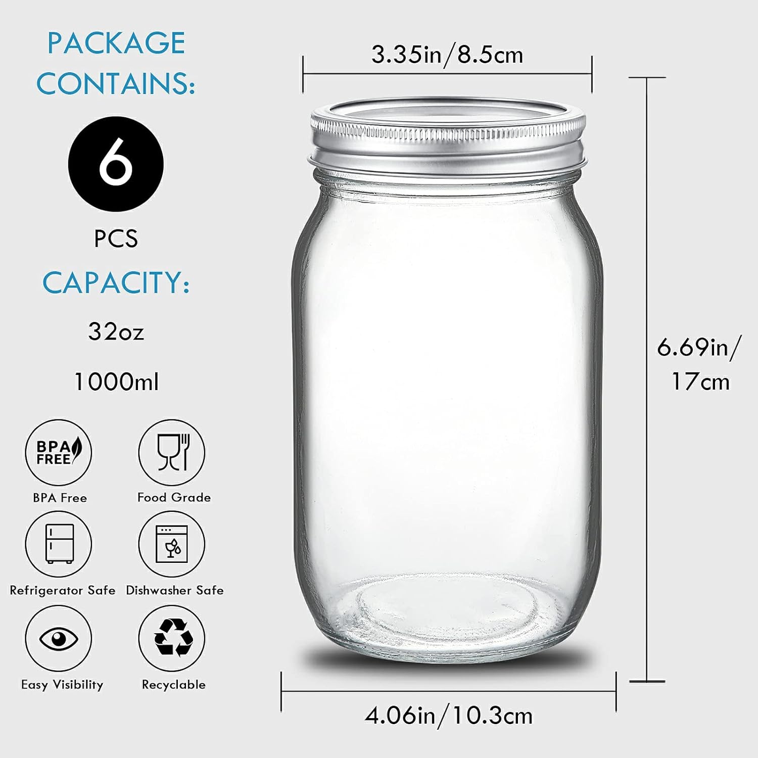 YEBODA 6 Pack Wide Mouth Mason Jars 32oz Glass Canning Jars with Airtight Lids and Bands for Preserving, Jam, Honey, Jelly, Wedding Favors, Sauces, Meal Prep, Overnight Oats, Salad, Yogurt