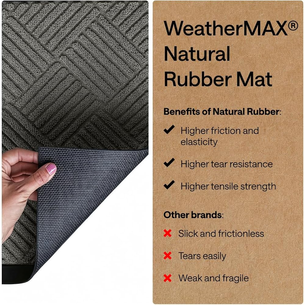 Gorilla Grip 100% Waterproof All-Season Weathermax Doormat Us Designed Natural Rubber, Stain Fade Resistant, Low Profile Indoor Outdoor Door Mats, Easy Clean, 29X17 Gray Diamond