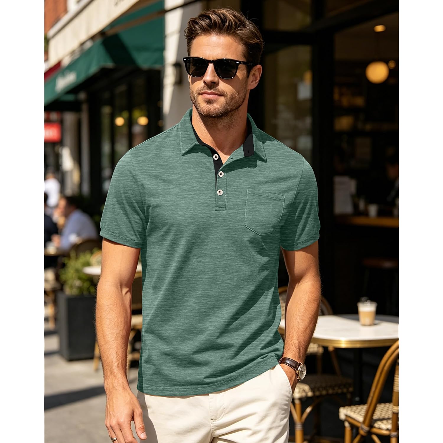 Mens Short Sleeve Polo Shirts Collared Business Casual Polo T Shirts With Pocket
