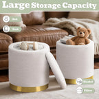 Boucle Round Ottoman With Storage,Vanity Stool With Storage For Bedroom, Ottoman Coffee Table,Small Boucle Foot Stool For Living Room, White With Gold Plating Base