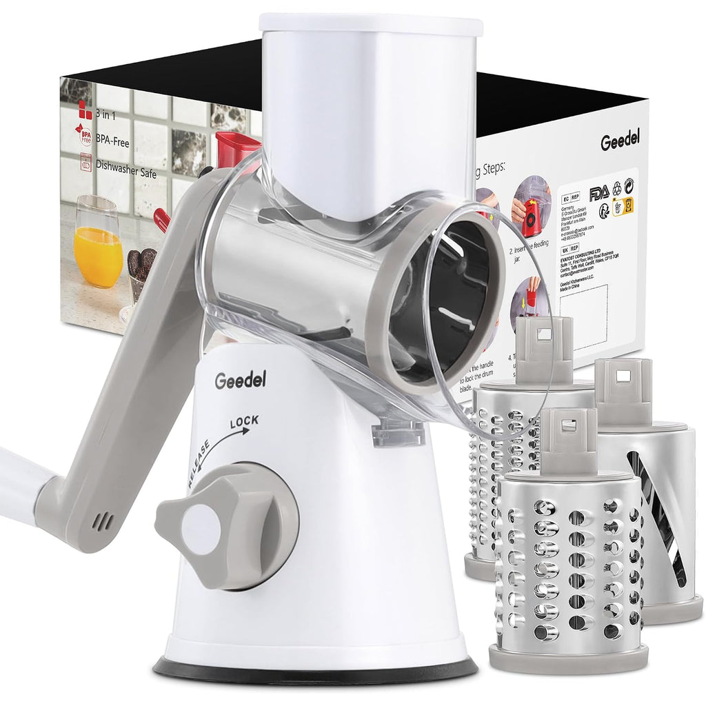 Geedel Rotary Cheese Grater, Kitchen Mandoline Vegetable Slicer With 3 Interchangeable Blades, Easy To Clean Rotary Grater Slicer For Cheese, Vegetables, Nuts