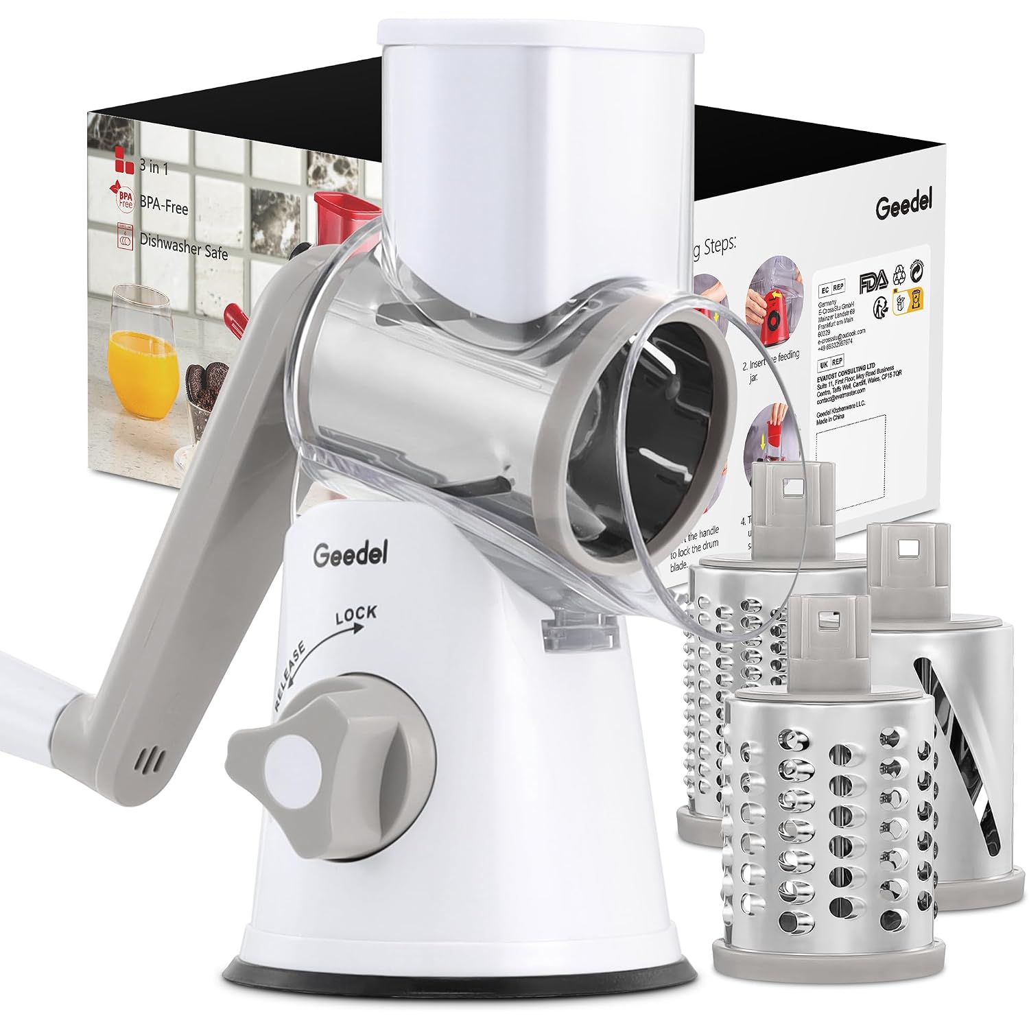 Geedel Rotary Cheese Grater, Kitchen Mandoline Vegetable Slicer With 3 Interchangeable Blades, Easy To Clean Rotary Grater Slicer For Cheese, Vegetables, Nuts