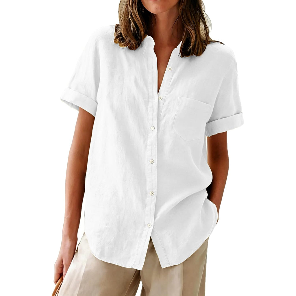 Aoudery Womens Button Down Shirts Short Sleeve Summer Oxford V Neck Collared Button Up Casual Blouses Tops With Pocket