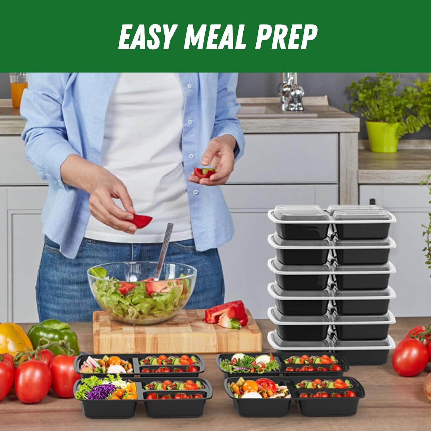 50 Pack (100-Piece) 32 Oz Meal Prep Containers Reusable With Lids 3-Compartment, To Go Take Out Plastic Food Storage Containers, Sturdy Leakproof Food Safe, Microwave Freezer Dishwasher Safe, Black