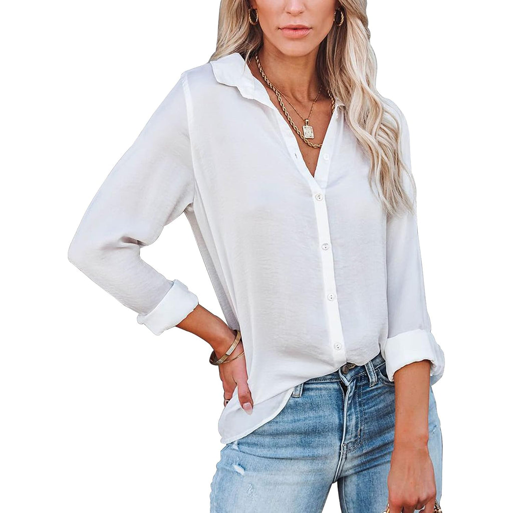 Diosun Womens Button Down V Neck Shirts Long/Short Sleeve Office Casual Business Plain Blouses Tops