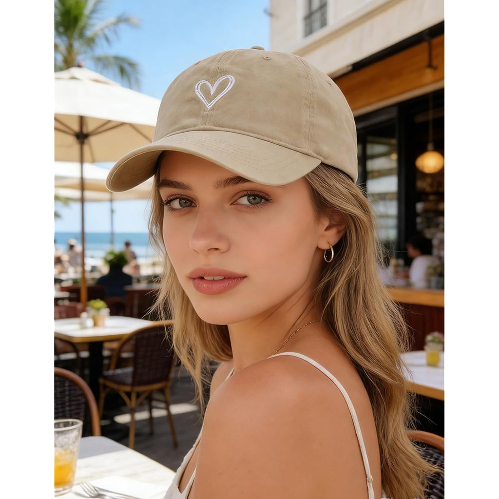 Women's Vintage Washed Baseball Cap Cute Heart Embroidered Sun Hat Adjustable Distressed Dad Caps UV Protection Summer Hats